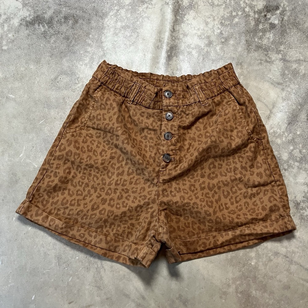 Gap Shorts Women's Size 8 Khakis Chino Brown Regular Linen Cheetah Button Up